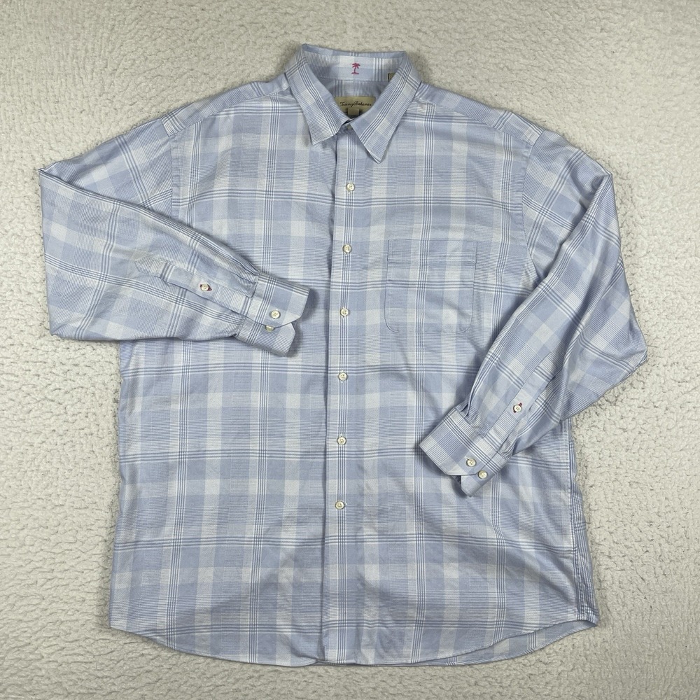 Tommy Bahama Shirt Mens 16.5/ 32-33 Blue Plaid Casual Preppy Workwear Casual Job